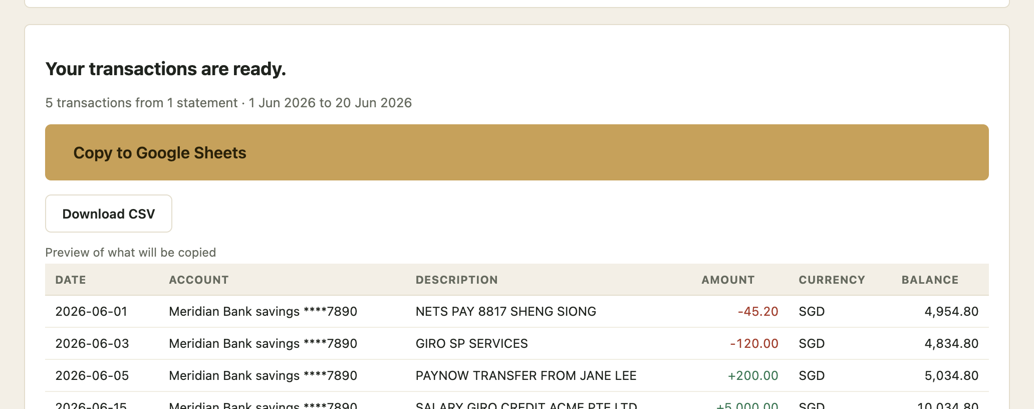 Statement Bridge showing 546 transactions ready, with a Copy to Google Sheets button