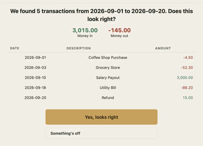 Statement Bridge asking the user to confirm a row looks right